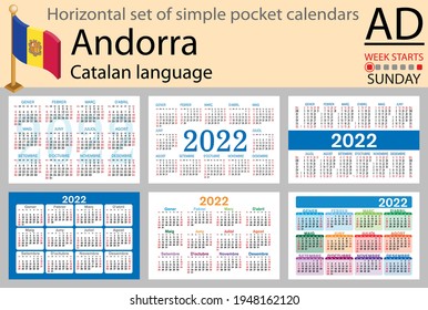 Catalan horizontal set of pocket calendars for 2022 (two thousand twenty two). Week starts Sunday. New year. Color simple design. Vector