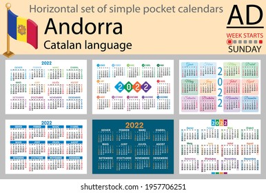 Catalan horizontal set of pocket calendars for 2022 (two thousand twenty two). Week starts Sunday. New year. Color simple design. Vector