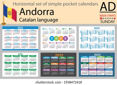 Catalan horizontal set of pocket calendars for 2022 (two thousand twenty two). Week starts Sunday. New year. Color simple design. Vector