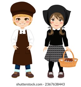 Catalan small boy and girl wearing traditional castanyero outfits isolated on white background. Vector illustration of children with roasted chestnuts vendors costume in Spain