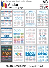 Catalan vertical Big set of pocket calendars for 2022 (two thousand twenty two). Week starts Monday. New year. Color simple design. Vector