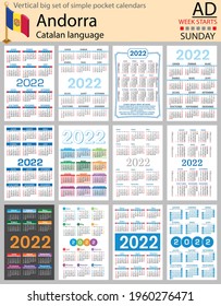 Catalan vertical Big set of pocket calendars for 2022 (two thousand twenty two). Week starts Sunday. New year. Color simple design. Vector