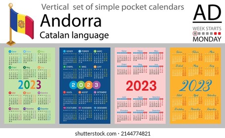 Catalan vertical pocket calendar for 2023 (two thousand twenty three). Week starts Monday. New year. Color simple design. Vector