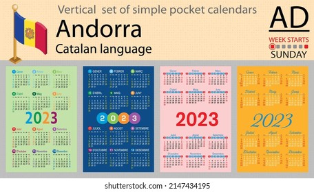 Catalan vertical pocket calendar for 2023 (two thousand twenty three). Week starts Sunday. New year. Color simple design. Vector