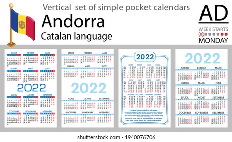 Catalan vertical set of pocket calendars for 2022 (two thousand twenty two). Week starts Monday. New year. Color simple design. Vector