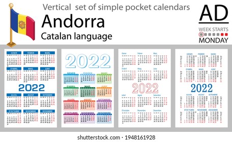 Catalan vertical set of pocket calendars for 2022 (two thousand twenty two). Week starts Monday. New year. Color simple design. Vector