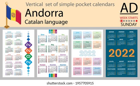 Catalan vertical set of pocket calendars for 2022 (two thousand twenty two). Week starts Sunday. New year. Color simple design. Vector