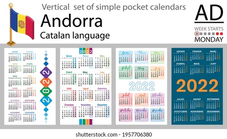 Catalan vertical set of pocket calendars for 2022 (two thousand twenty two). Week starts Monday. New year. Color simple design. Vector