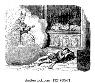 Cataluña, obispo de Taranto, miles de años después de su muerte, se presentó en la visión de la joven tarentina y le encargó que cavara un lugar, ilustración vintage de líneas de arte. Diccionario Infernal 1863.