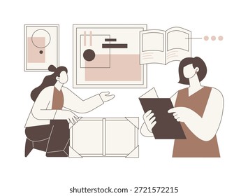 Catálogo arte aislado Ilustraciones vectoriales de dibujos animados. Curador de arte discutiendo catálogo de pinturas con artistas, empresas de entretenimiento, trabajadores de museos, dibujos animados de Vectores de preparación de exposiciones.