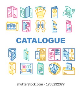 Catalog And Booklet Collection Icons Set Vector. Clothing Fashion Catalog And Promotional Brochure, Informational Flyer And Shelf Concept Linear Pictograms. Contour Color Illustrations