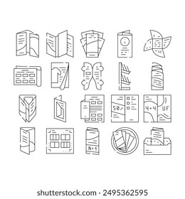 Catalog And Booklet Collection Icons Set Vector. Clothing Fashion Catalog And Promotional Brochure, Informational Flyer And Shelf Black Contour Illustrations