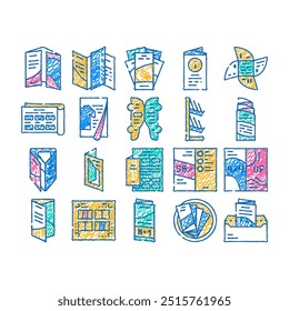 catalog and booklet doodle icons set vector. sketch line art clothing fashion catalog and promotional brochure, informational flyer and shelf color illustrations