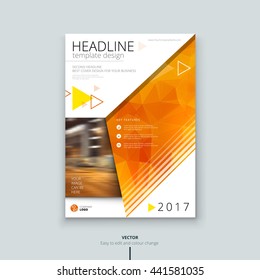 Catalog cover design. Corporate business template for brochure, booklet, magazine. Layout with orange modern triangle background and bright shapes. Creative poster, leaflet, flyer or banner concept