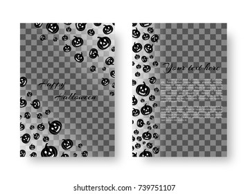 Catalog cover design with falling black pumpkins with carved eyes for festive halloween design