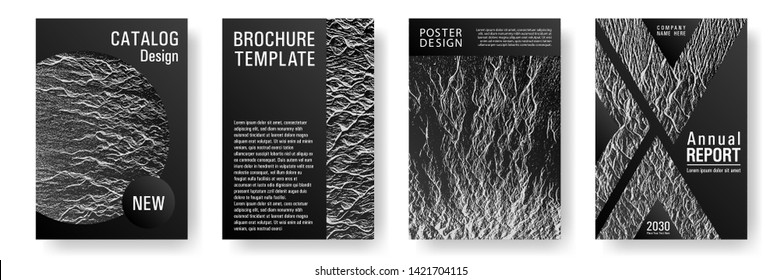 Catalog cover vector templates. Black and white waves texture backdrops. Presentation slides cover pages. Marketing catalog trendy layouts design set. Buzzing rippling motion background texture.