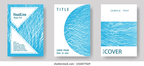 Vorlagen für die Vektorillustration von Katalogen. Blaue Meerwasserwellen strukturieren Hintergründe. Flüssige Auflage, Hintergrundmuster der Rippling-Bewegung. Design-Set für Marketingkataloge mit trendigen Layouts. Geometrisches typografisches Cover.