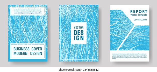 Catalog cover vector templates. Blue sea water waves texture backdrops. Buoyant wavy flux background pattern. Branding profile cover samples. Marketing catalog trendy layouts design set.