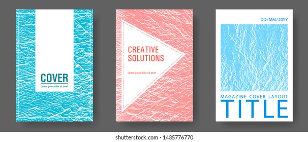 Catalog cover vector templates. Blue, teal and coral color waves texture. Marketing catalog trendy layouts design set. Liquid rippling motion background pattern. Flat geometric cover leaflets.