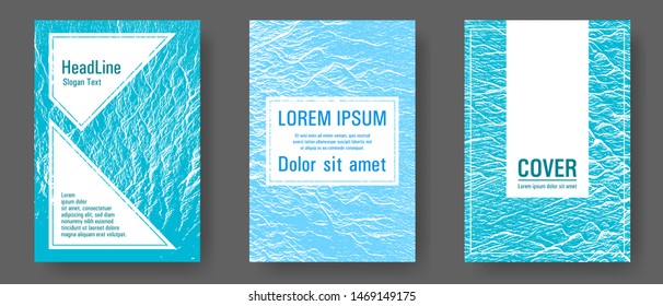Catalog cover vector templates. Blue sea water waves texture backdrops. Covers with headline sample text. Buzzing rippling motion background texture. Marketing catalog trendy layouts design set.