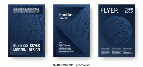 Catalog cover vector templates. Dark blue and black waves texture. Marketing catalog trendy layouts design set. Fluid buzzing wavy noise ripple texture. Creative publication cover pages.