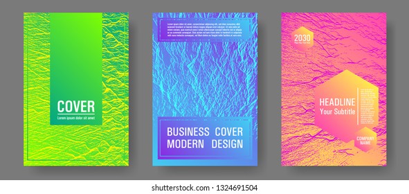 Catalog cover vector templates. Pink blue green rainbow waves textures. Marketing catalog trendy layouts design set. Buoyant wavy flux background pattern. Research development plan covers.