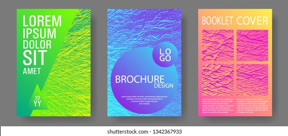 Catalog cover vector templates. Pink blue green rainbow waves textures. Buzzing flux ripple movement background. Marketing catalog trendy layouts design set. Minimal cover page concepts.