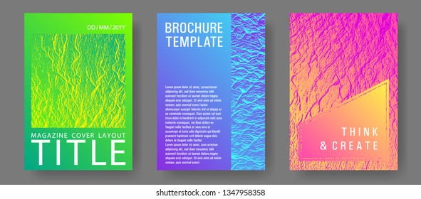 Catalog cover vector templates. Pink blue green rainbow waves textures. Buoyant wavy flux background pattern. Branding profile cover samples. Marketing catalog trendy layouts design set.