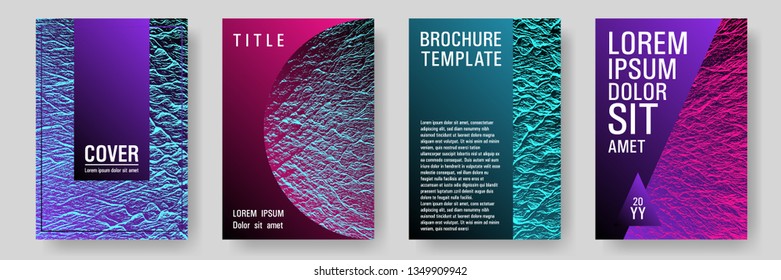 Catalog cover vector templates. Pink blue purple synthwave textures. Marketing catalog trendy layouts design set. Geometric creative solutions. Buzzing rippling motion background texture.