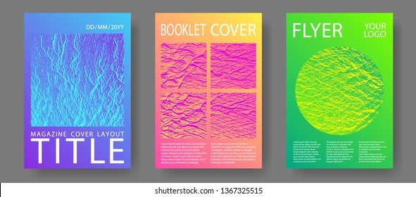 Catalog cover vector templates. Pink blue green rainbow waves textures. Presentation slides cover pages. Fluid buzzing wavy noise ripple texture. Marketing catalog trendy layouts design set.