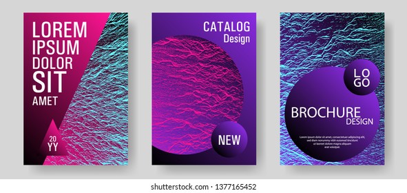Catalog cover vector templates. Pink blue purple synthwave textures. Fluid buzzing wavy noise ripple texture. Company strategy book covers. Marketing catalog trendy layouts design set.