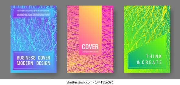 Catalog cover vector templates. Pink blue green rainbow waves textures. Buzzing rippling motion background texture. Corporate finance book cover. Marketing catalog trendy layouts design set.