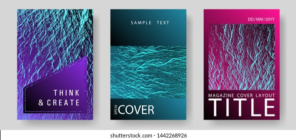 Catalog cover vector templates. Pink blue purple synthwave textures. Buoyant wavy flux background pattern. Advertising banner or covers. Marketing catalog trendy layouts design set.