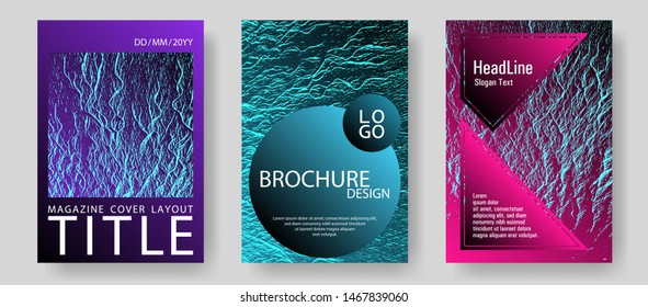Catalog cover vector templates. Pink blue purple synthwave textures. Marketing catalog trendy layouts design set. Flat geometric cover leaflets. Buzzing rippling motion background texture.