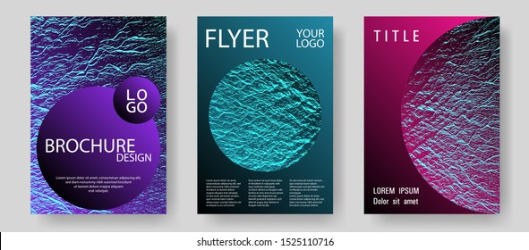 Catalog cover vector templates. Pink blue purple synthwave textures. Liquid rippling motion background pattern. Corporate finance book cover. Marketing catalog trendy layouts design set.