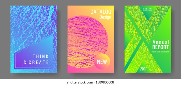 Catalog cover vector templates. Pink blue green rainbow waves textures. Marketing catalog trendy layouts design set. Covers with headline sample text. Buzzing rippling motion background texture.