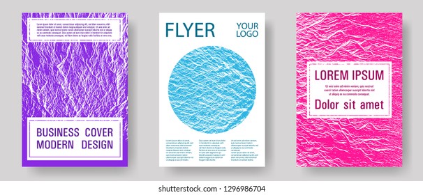 Catalog cover vector templates. Teal pink purple waves texture backdrops. Geometric typography cover. Fluid buzzing wavy noise ripple texture. Marketing catalog trendy layouts design set.