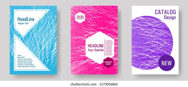 Catalog cover vector templates. Teal pink purple waves texture backdrops. Marketing catalog trendy layouts design set. Liquid rippling motion background pattern. Research development plan covers.