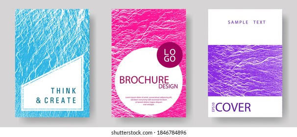 Vektorgrafik-Übersichtsvorlagen aus dem Katalog. Teal rosa violette Wellen Textur Rücktropfen. Design-Set für Marketingkataloge mit trendigen Layouts. Flüssige Auflage, Hintergrundmuster der Rippling-Bewegung. Präsentationsfolien decken Seiten ab.