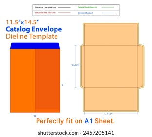 Catalog Envelope W 11.5, L 14.5 Inches Dieline Template. Catalog envelopes are typically larger envelopes used for sending documents, catalogs, booklets, brochures, or any other similarly sized items.