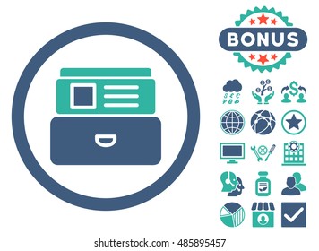 Catalog icon with bonus pictures. Vector illustration style is flat iconic bicolor symbols, cobalt and cyan colors, white background.