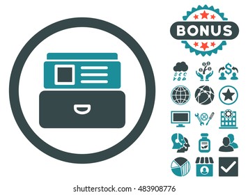 Catalog icon with bonus symbols. Vector illustration style is flat iconic bicolor symbols, soft blue colors, white background.