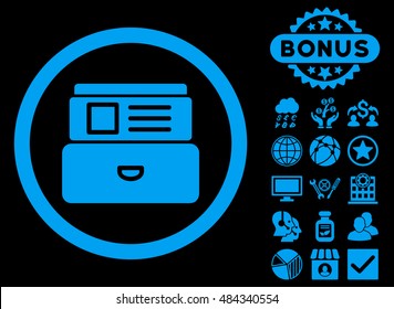Catalog icon with bonus symbols. Vector illustration style is flat iconic symbols, blue color, black background.