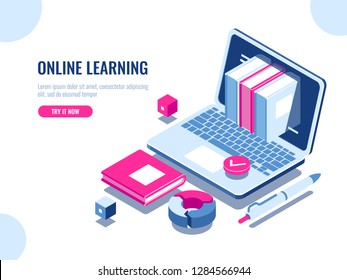 Catalog of online courses isometric icon, online education, internet learning, laptop with book on screen, seo optimization, content making, flat vector illustration