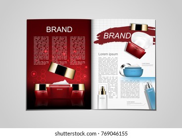 Catalog of red and blue cosmetic products for magazine or brochure