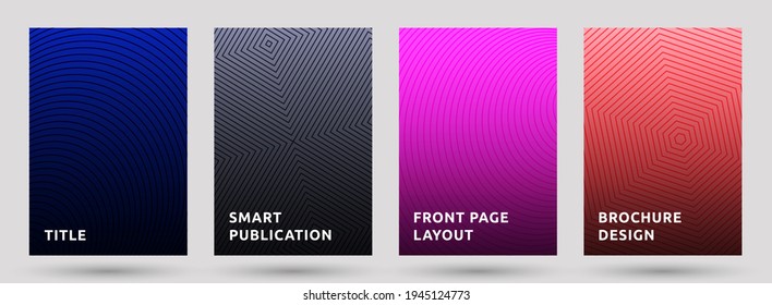 Catalog templates vector set. Artistic halftone pattern covers. Circle, hexagon, suqare halftone texture geometric design. Gradient lines cover page layouts. Parallel stripes geometry.