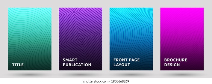 Katalog Vorlagen Vektorset. Cool-Halftone-Musterabdeckungen. Circle, hexagon, suqare halftone Textur geometrische Design. Gradient dünne Linien decken Seitenlayouts ab. Geometrie der parallelen Streifen.