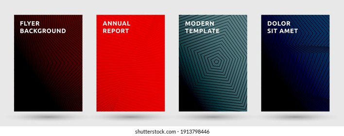 Catalog templates vector set. Cool halftone pattern covers. Front pages with halftone lines texture geometric design. Gradient broken lines cover page layouts. Parallel stripes geometry.