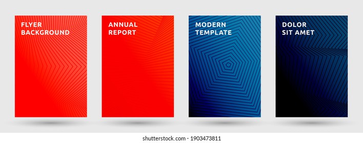 Catalog templates vector set. Flat halftone pattern covers. Title pages with halftone lines texture geometric design. Gradient broken lines cover page layouts. Parallel stripes geometry.