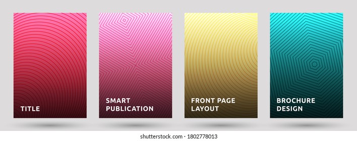 Conjunto de vectores de plantillas de catálogo. Tapas de patrón de medio tono de hipster. Círculo, hexágono, diseño geométrico suqare de textura media. Diseños de la página principal de las líneas delgadas degradadas. Geometría de líneas paralelas.